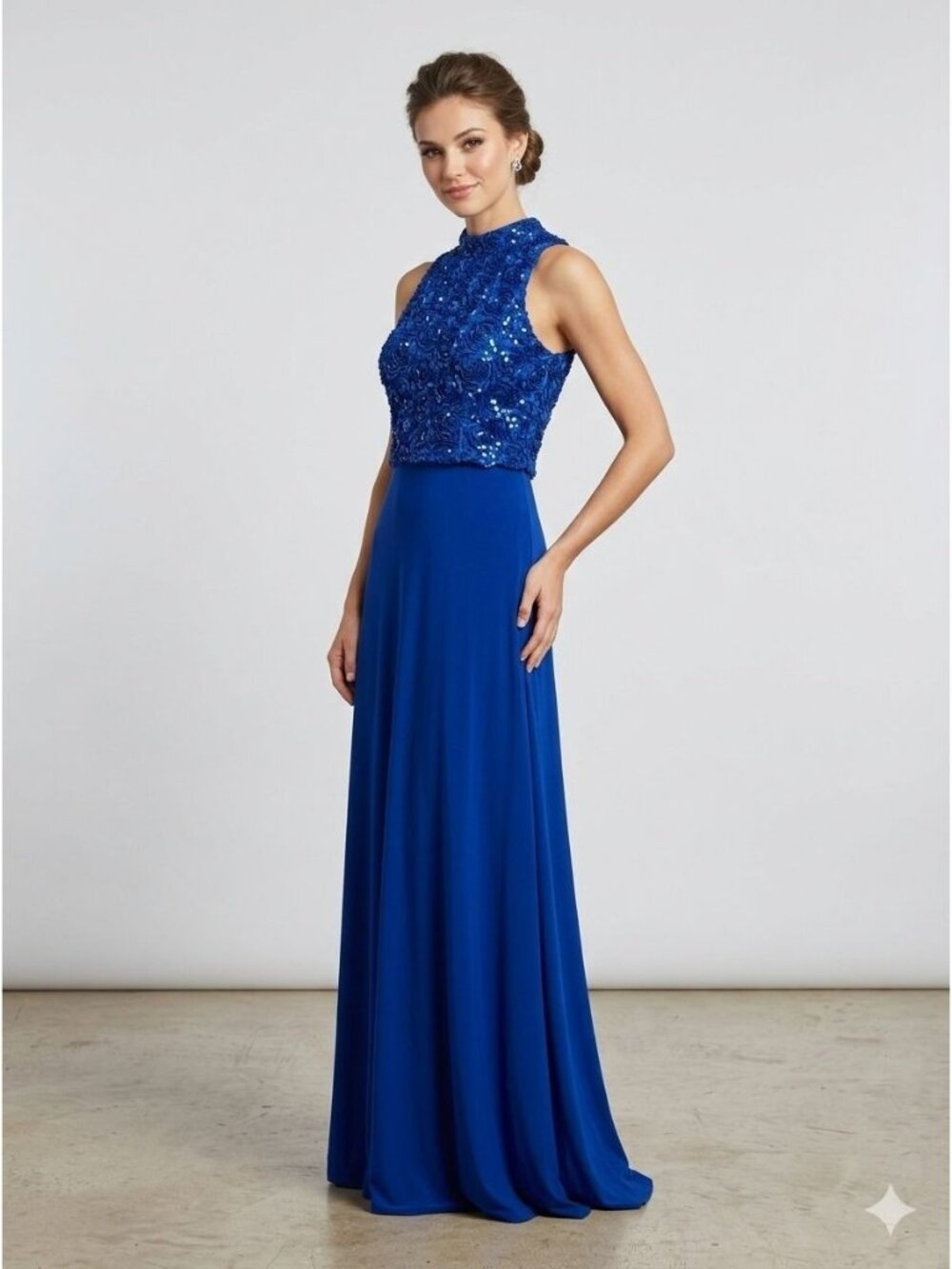 Enfocus Studio Maxi Dress Size 8 Blue Sequin Overlay Long Gown Sleeveless Floral